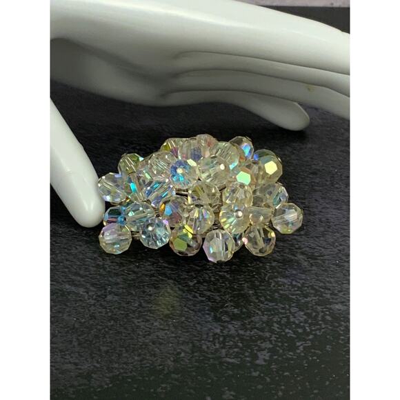 Aurora Borealis Crystal Beaded Brooch Super Charming Silver Tone Frame Vintage - Picture 2 of 9